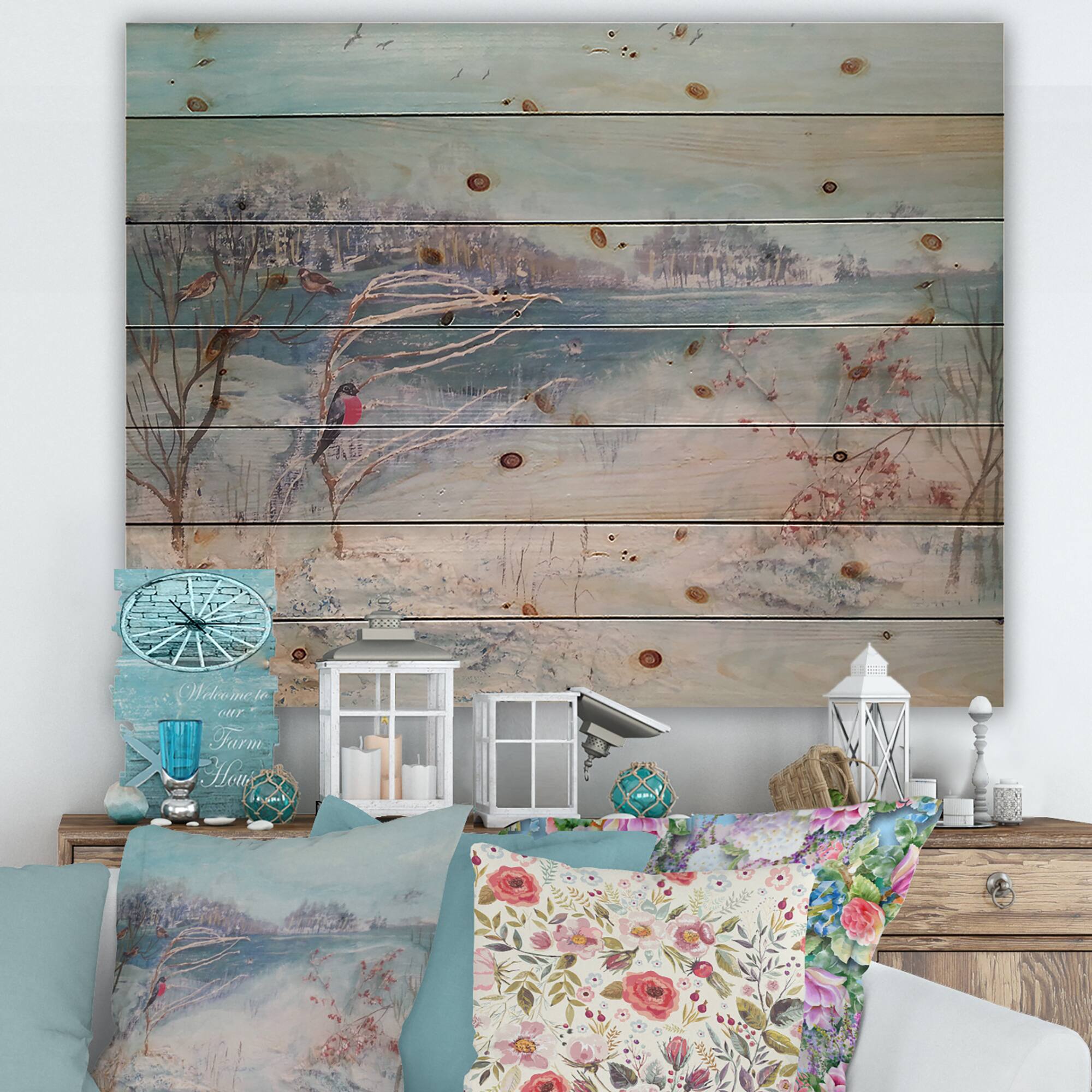 Designart - Winter Trees River and Birds